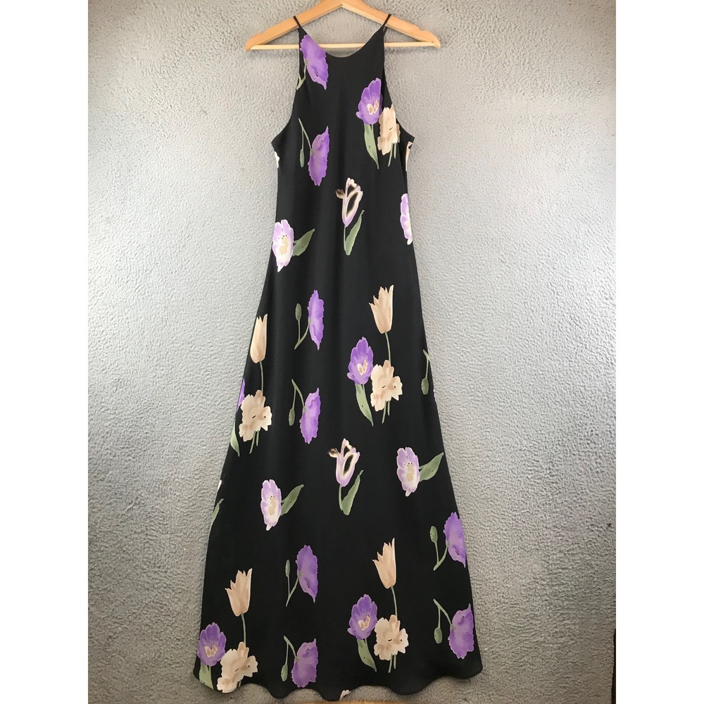 Vintage Hampton Nites Black Floral Maxi Dress Sleeveless Size 12 Formal Evening